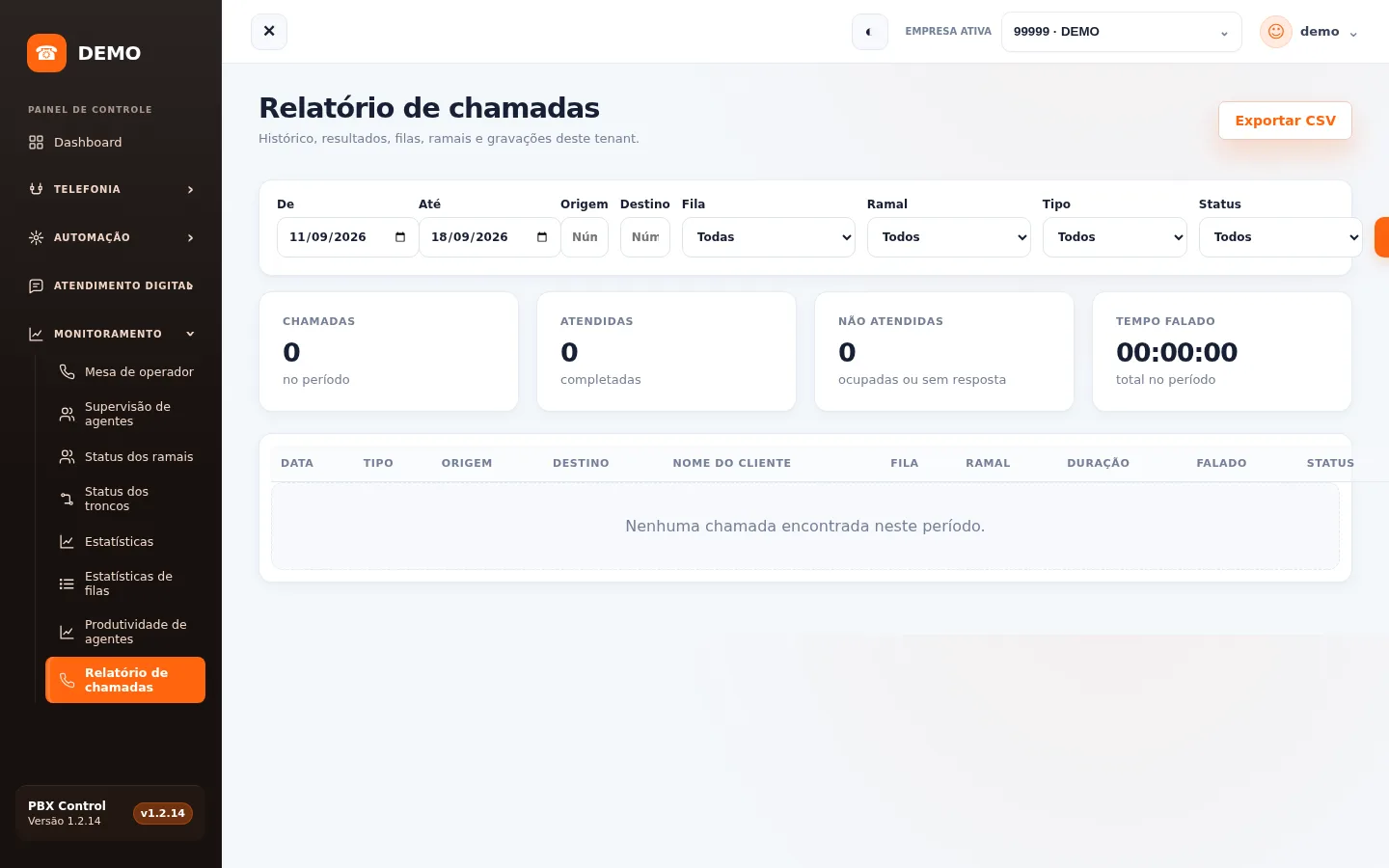 Relatório de chamadas do PBX Control